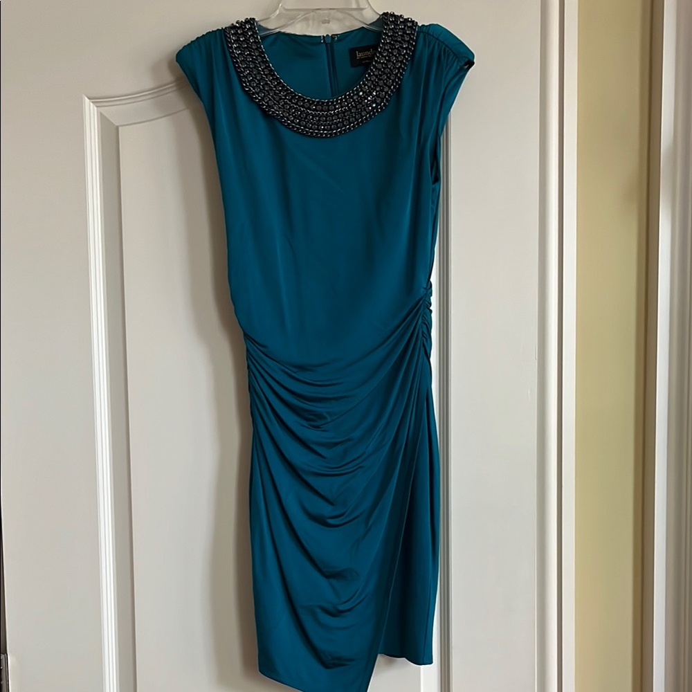 Blue Embellished Ruched Midi Dress